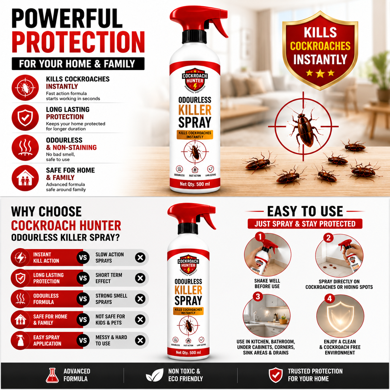 Cockroach Hunter Odourless Killer Spray with Extra Refill BUY 1 GET 1 FREE