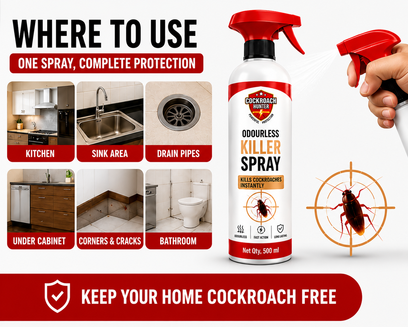 Cockroach Hunter Odourless Killer Spray with Extra Refill BUY 1 GET 1 FREE