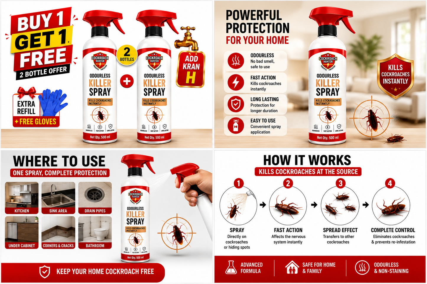 Cockroach Hunter Odourless Killer Spray with Extra Refill BUY 1 GET 1 FREE