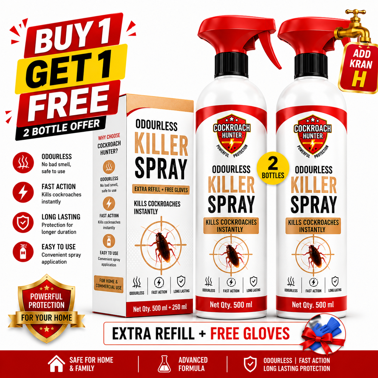 Cockroach Hunter Odourless Killer Spray with Extra Refill BUY 1 GET 1 FREE