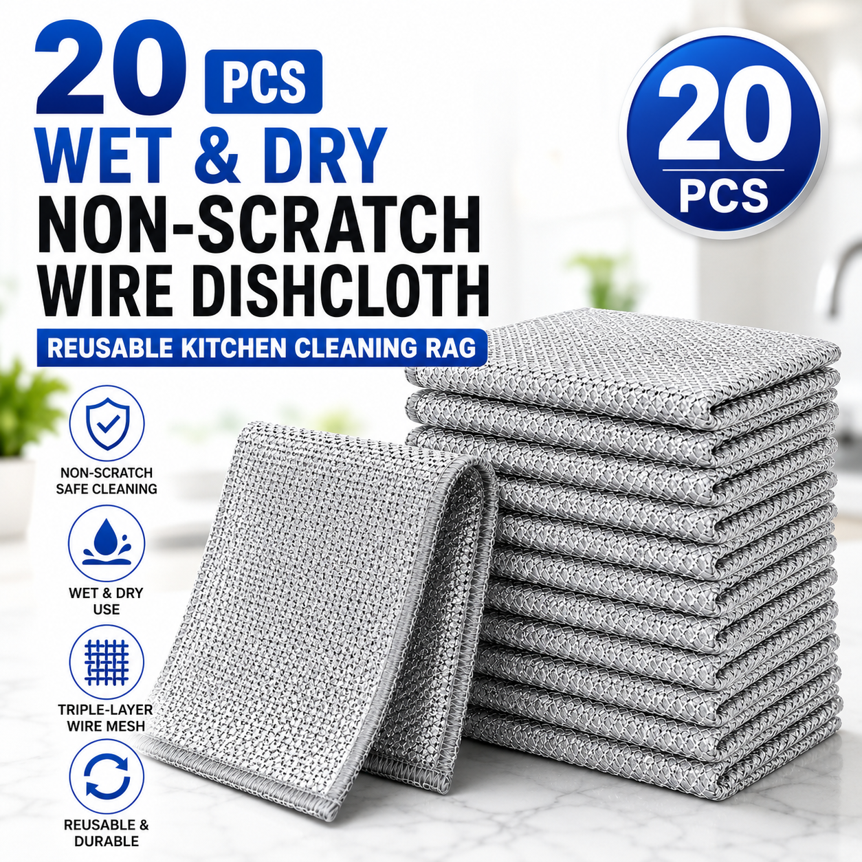 Wet Dry Non-Scratch Wire Dishcloth, Reusable Kitchen Cleaning Rag