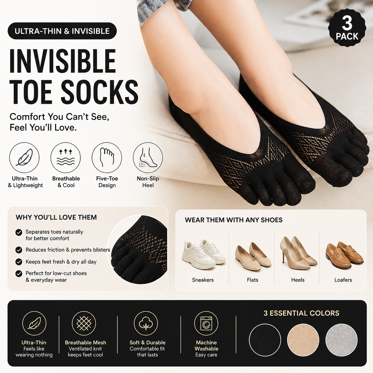 Orthopedic Invisible Toe Socks | Summer Five-Toe Shallow Socks 3 PACK