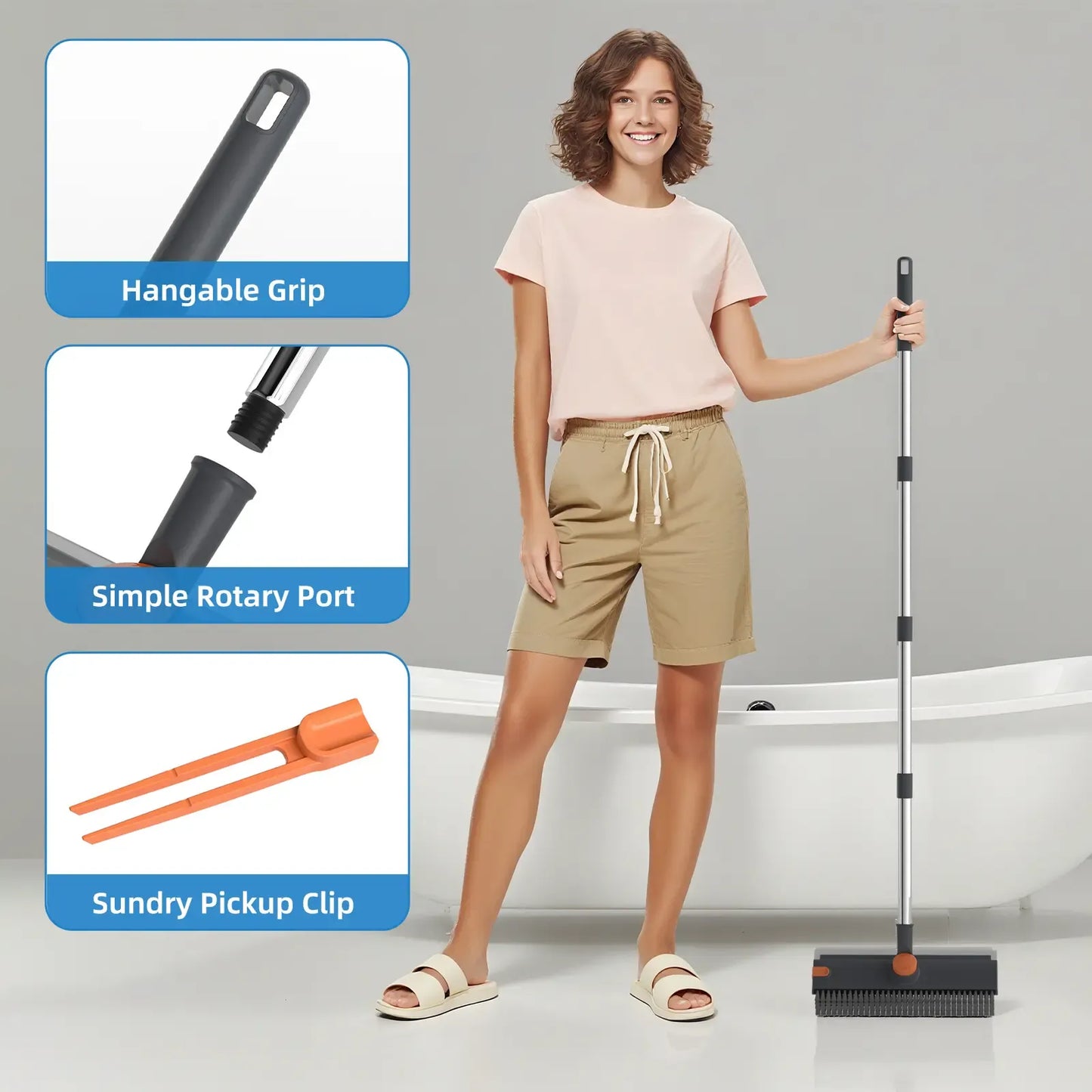 3-in-1 Floor Scrub Brush with Long Handle – Heavy-Duty Stiff Bristles for Bathroom, Kitchen, Patio & More 🧽✨